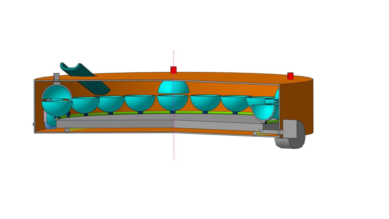 Рисунок 1 – Микроволновая установка для термообработки непищевых яиц в непрерывном режиме: а) схематическое изображение; б, в) пространственное изображение с разных углов зрения; 1 – экранирующий корпус; 2 – зубчатый венец; 3 – ободок; 4 – петля шарнирная; 5 – полусфера нижняя; 6 – полусфера верхняя; 7 – магнетрон с излучателем; 8 – транспортер; 9 – лоток приемный; 10 – отверстие загрузочное; 11 – опрокидыватель; 12 – леска диэлектрическая; 13 – сетка экранирующая; 14 – лоток выгрузной; 15 – стойка монтажная
