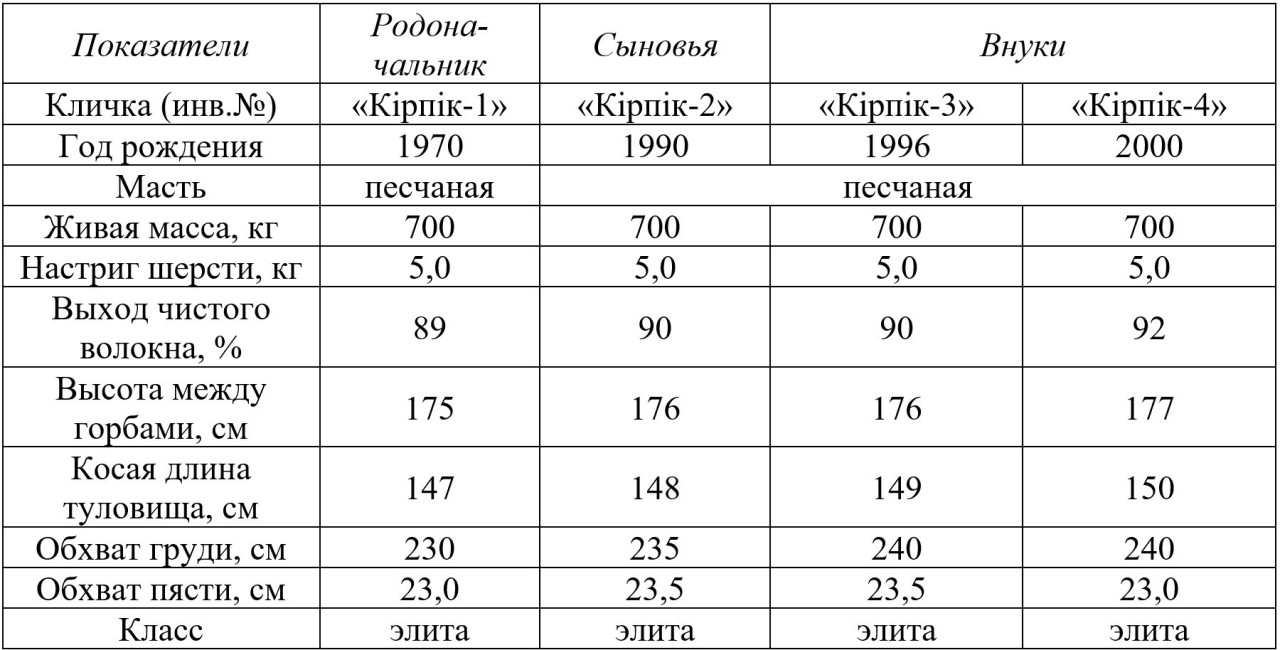 Таблица 1<i> - </i>Зоотехническая
характеристика верблюдов-производителей породы дромедара казахской популяции «Кірпік»
