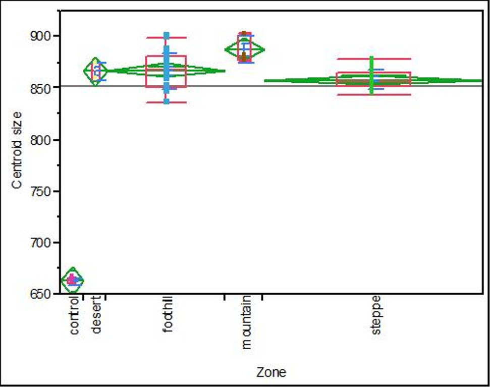 Рисунок 5. Анализ изменения центроидного размера
крыльев медоносной пчелы из каждого региона, включая контрольные образцы.
Каждый зеленый ромб показывал средний размер центроида, синие линии –
стандартные отклонения. Круги сравнения визуализируют каждый район и среднее
значение по всем парам, HSD-тест Тьюки (р&lt;0,05)